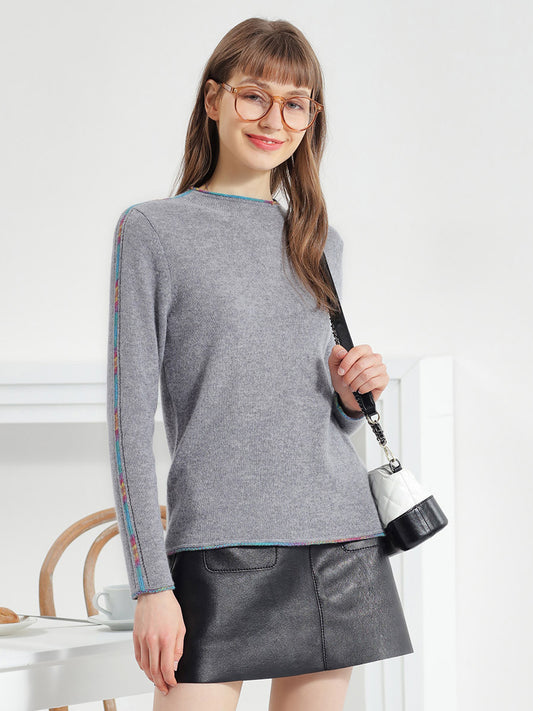 COMOBOCA GREY 100% Cashmere Women's Sweater with Built-in Collar