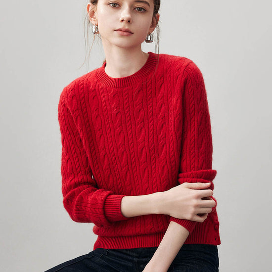 COMOBOCA 100% Cashmere Women's Cable Round Neck Knit Sweater