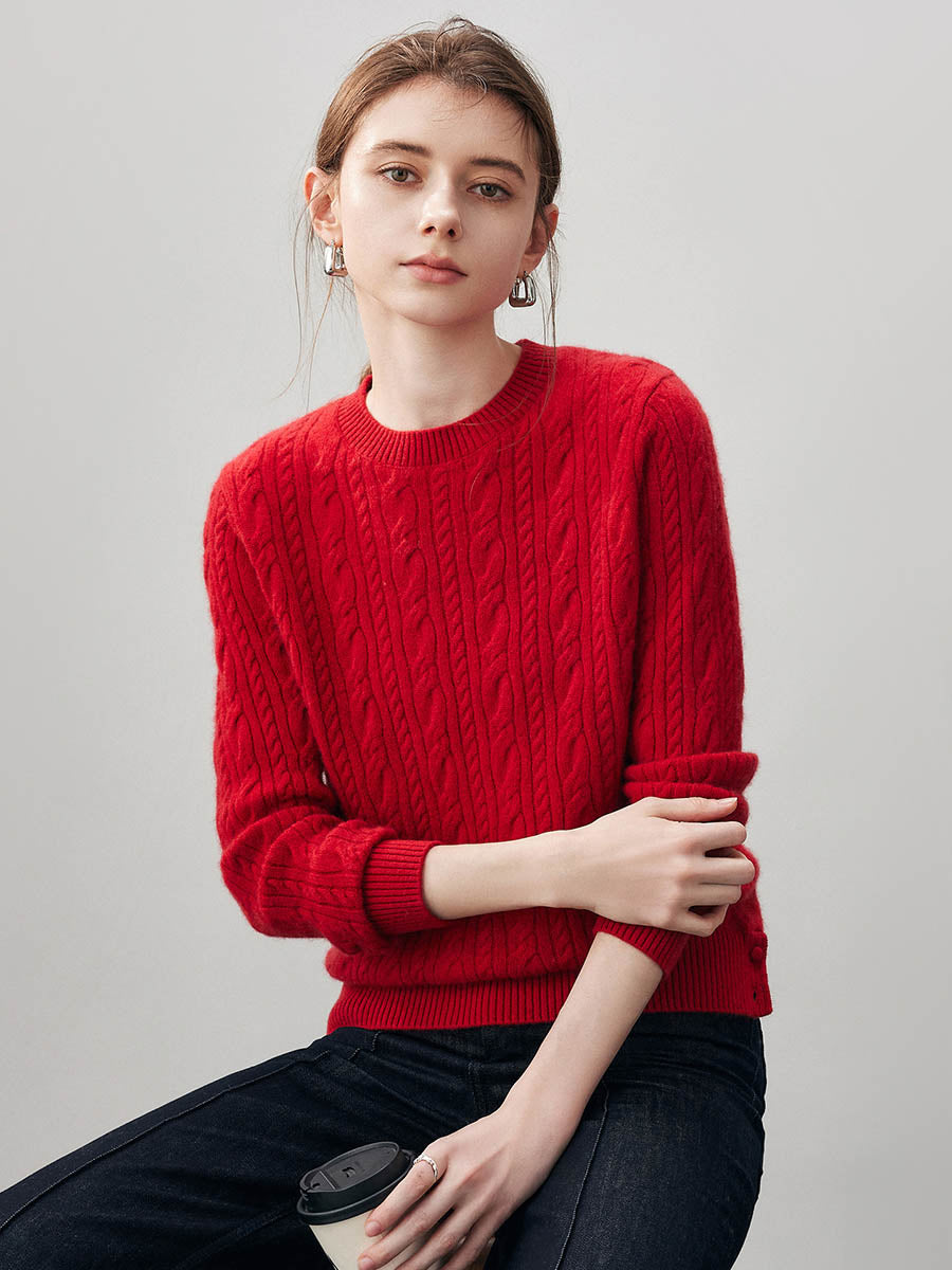 COMOBOCA 100% Cashmere Women's Cable Round Neck Knit Sweater