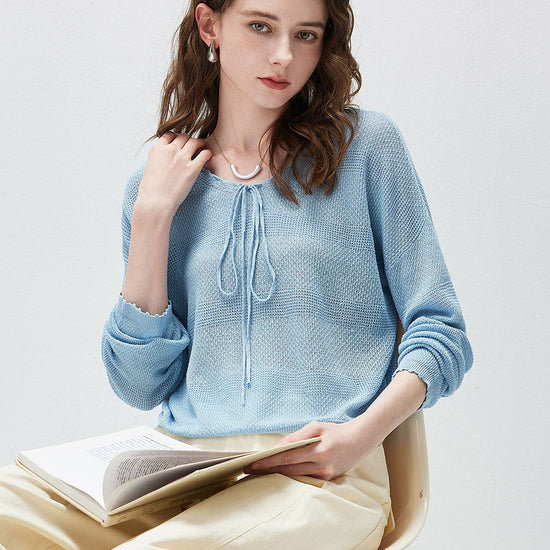 COMOBOCA Women's Tie-Neck Waffle Knit Top