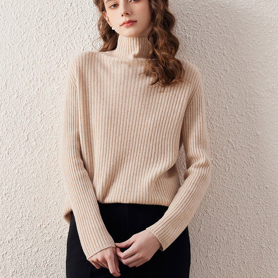 COMOBOCA LIGHT BROWN 100% Wool Women's All-in-One Knit Turtleneck Sweater