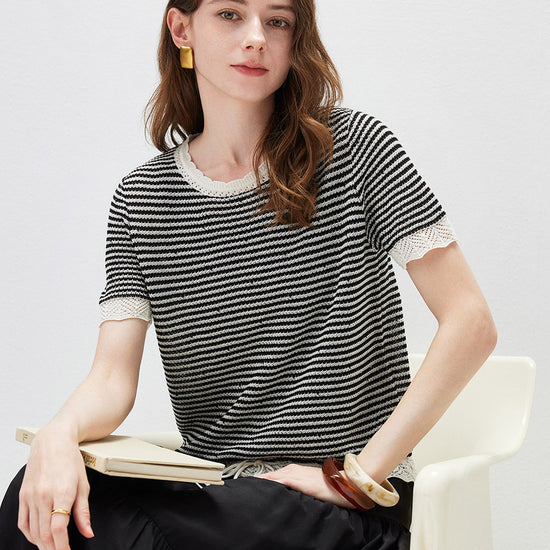 COMOBOCA Women's Drawstring Striped Lace Trim Knit T-Shirt