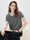 COMOBOCA Women's Drawstring Striped Lace Trim Knit T-Shirt