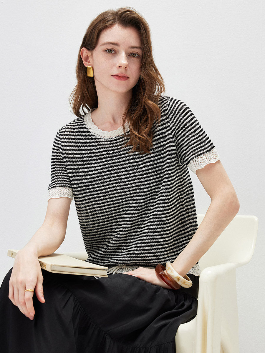 COMOBOCA Women's Drawstring Striped Lace Trim Knit T-Shirt