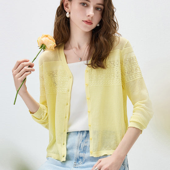 COMOBOCA Women's Pointelle Knit V-Neck Cardigan