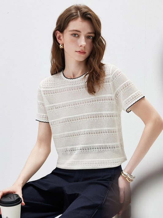 Women’s Silk-Cotton Round Neck Knit T-Shirt with Contrast-Trim Edging