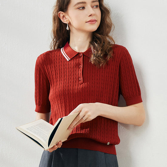 COMOBOCA Deep Red Women's Cable Knit Polo T-Shirt