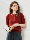 COMOBOCA Deep Red Women's Cable Knit Polo T-Shirt