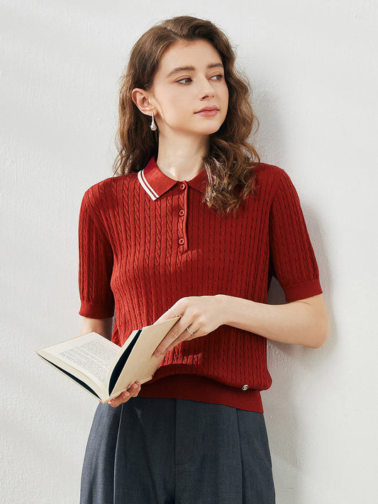 COMOBOCA Deep Red Women's Cable Knit Polo T-Shirt