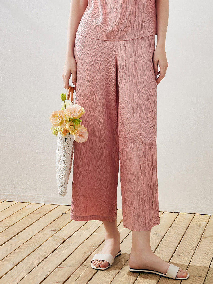 COMOBOCA Women's Elastic Waistband Crinkled Wide Leg Pants