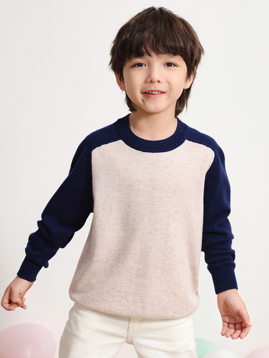 COMOBOCA 100% Wool Kids' Round Neck Color Block Sweater