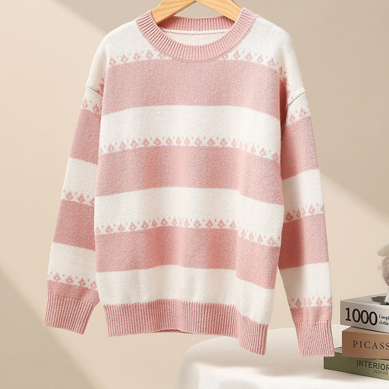 COMOBOCA Pink 100% Wool Kids' Striped Nordic Pattern Knit Sweater