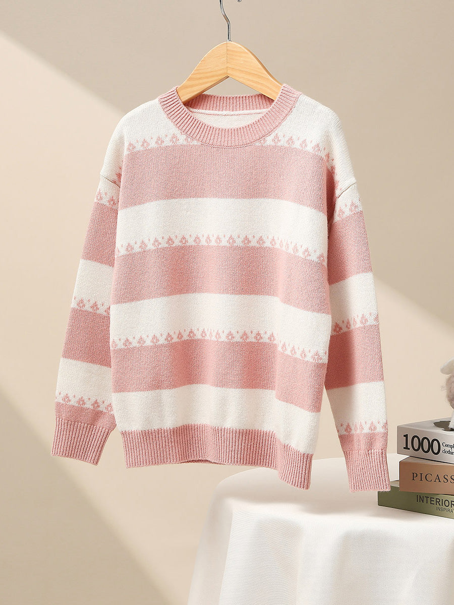 COMOBOCA Pink 100% Wool Kids' Striped Nordic Pattern Knit Sweater