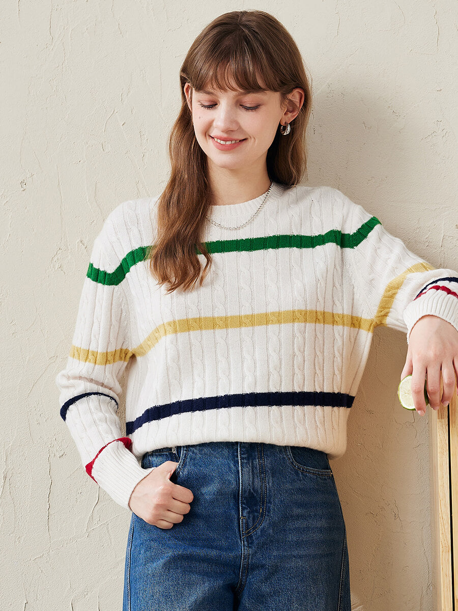 COMOBOCA White 100% Wool Women's Colorful Striped Cable Knit Sweater