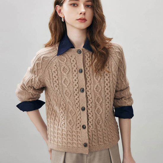 COMOBOCA Camel 100% Wool Women's Cable Knit Button Cardigan