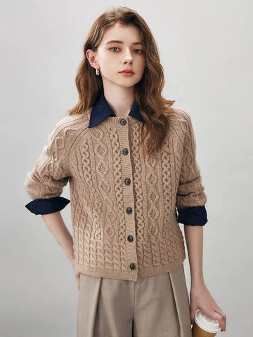COMOBOCA Camel 100% Wool Women's Cable Knit Button Cardigan