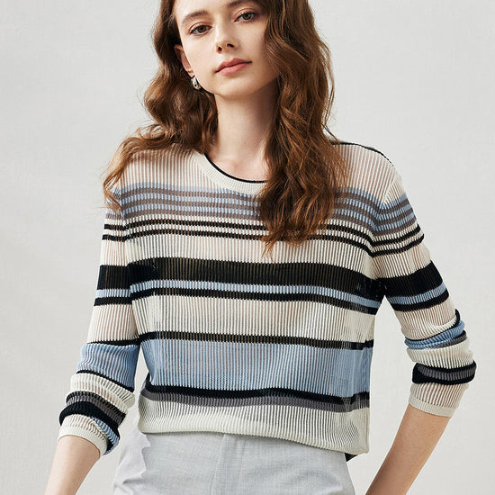 COMOBOCA Women's Striped Ribbed Round Neck Sweater