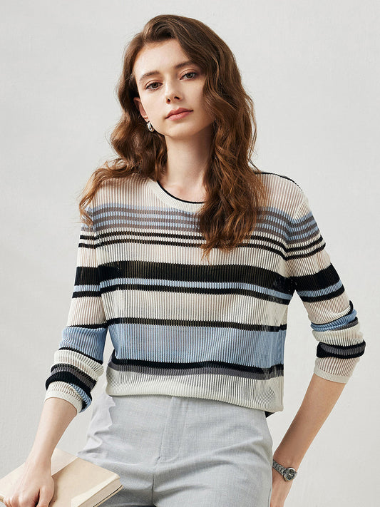 COMOBOCA Women's Striped Ribbed Round Neck Sweater