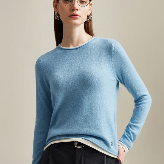 COMOBOCA Light Blue 100% Cashmere Women's Sweater with Contrast Trim