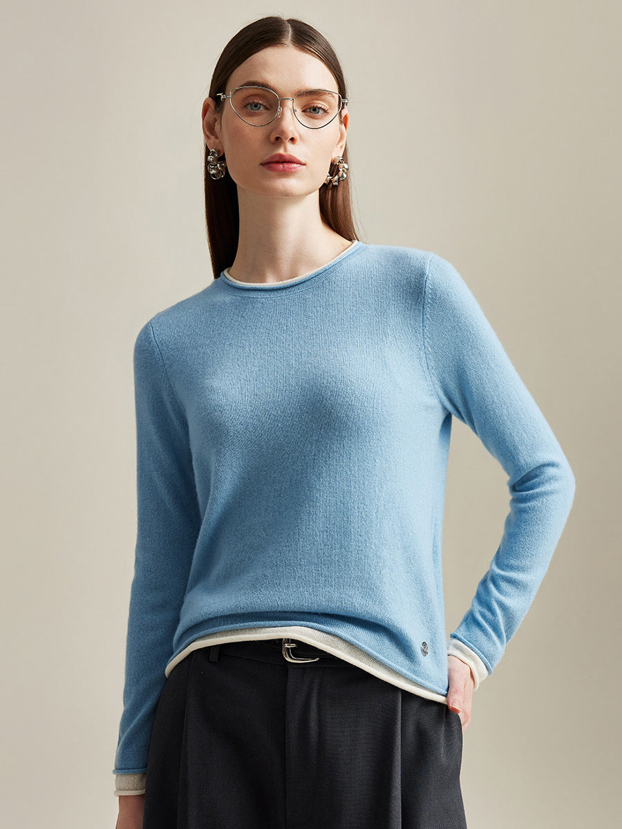 COMOBOCA Light Blue 100% Cashmere Women's Sweater with Contrast Trim