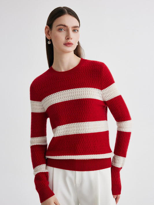 COMOBOCA 100% Cashmere Women's Striped Round Neck Sweater