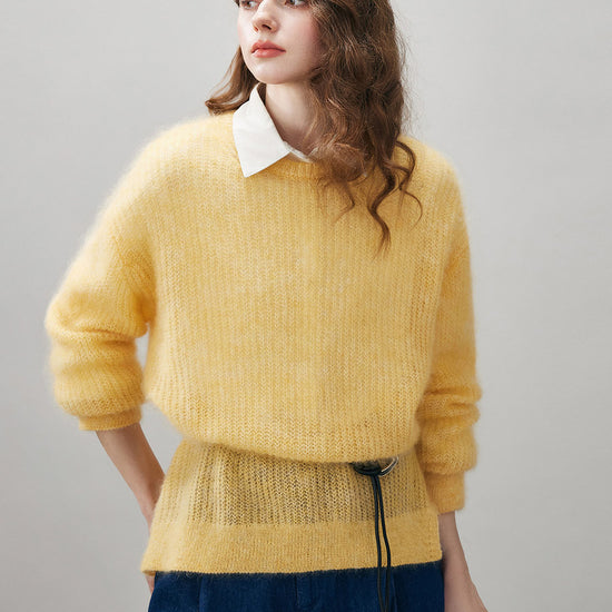 COMOBOCA Women's Mohair Sheer Knit Round Neck Sweater