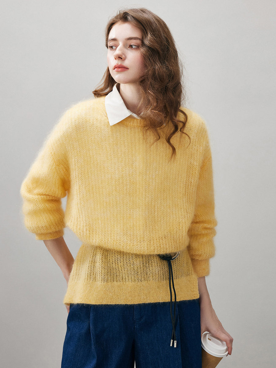 COMOBOCA Women's Mohair Sheer Knit Round Neck Sweater