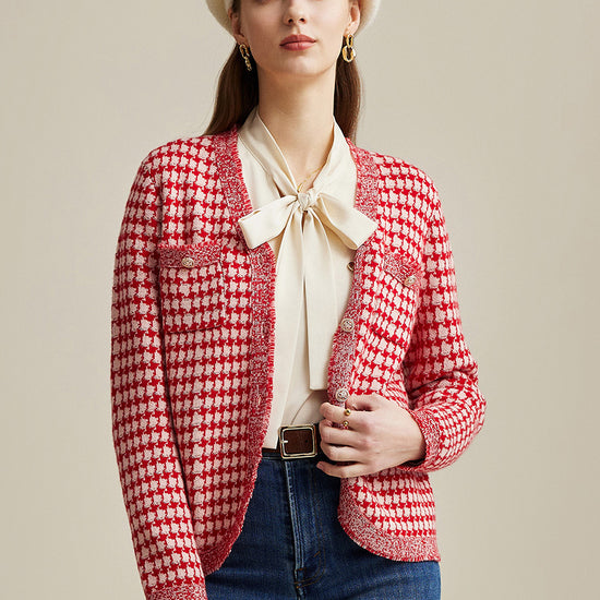 COMOBOCA 100% Wool Women's Houndstooth Cardigan