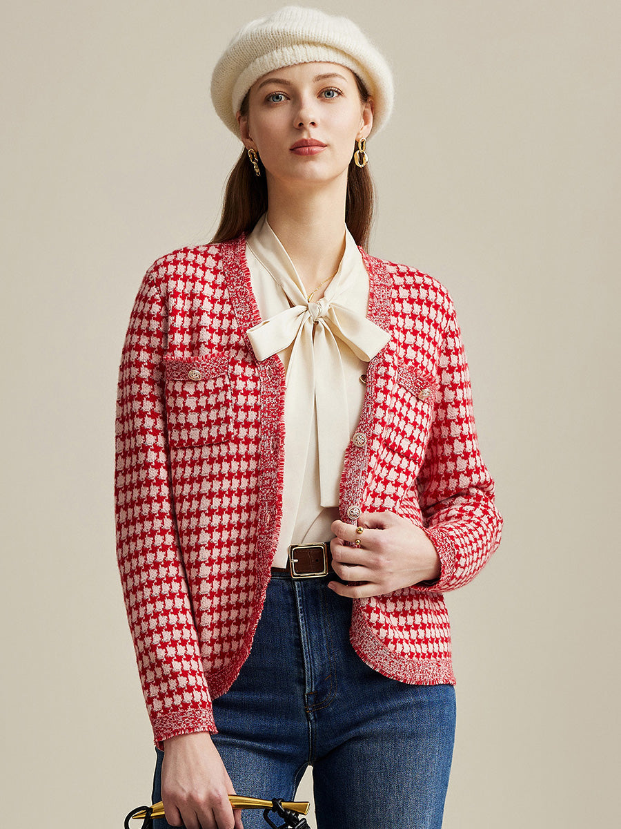 COMOBOCA 100% Wool Women's Houndstooth Cardigan