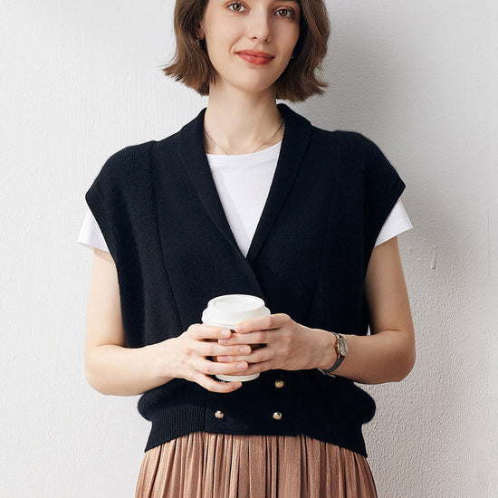 COMOBOCA Black 100% Cashmere Women's Knit Sleeveless Wrap Vest