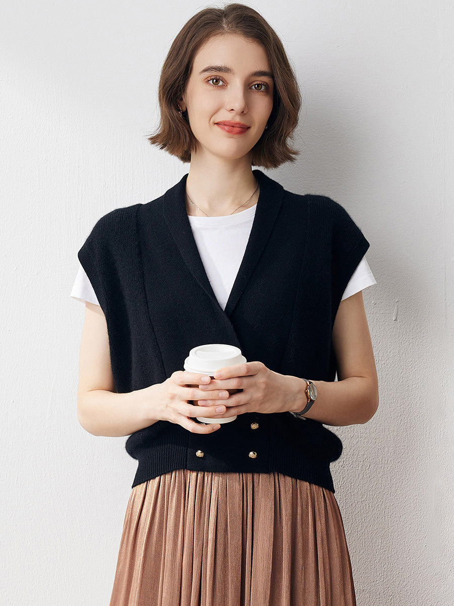 COMOBOCA Black 100% Cashmere Women's Knit Sleeveless Wrap Vest