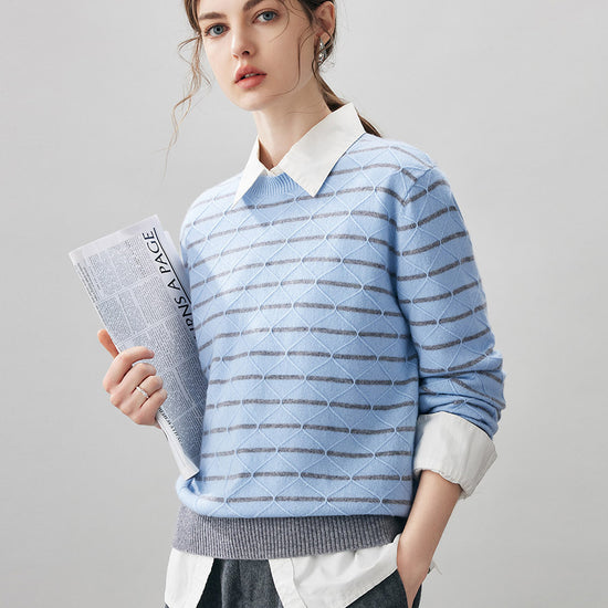 COMOBOCA 100% Cashmere Women's Striped Round Neck Knit Sweater