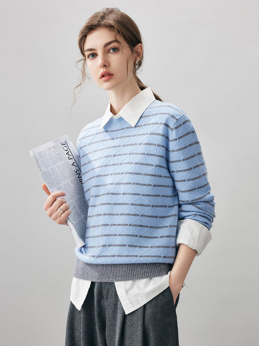 COMOBOCA 100% Cashmere Women's Striped Round Neck Knit Sweater