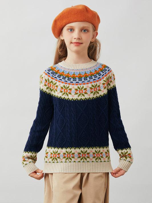 COMOBOCA Navy Blue 100% Wool Kids' Cable Fair Isle Round Neck Sweater