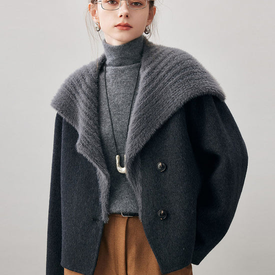 COMOBOCA Black Women's Fuzzy Sailor Collar Button Front Coat