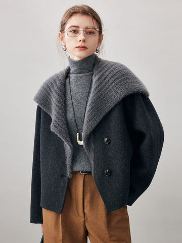 COMOBOCA Black Women's Fuzzy Sailor Collar Button Front Coat