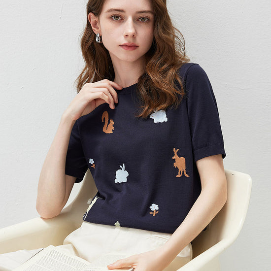 COMOBOCA Women's Forest Animal Intarsia Knit T-Shirt