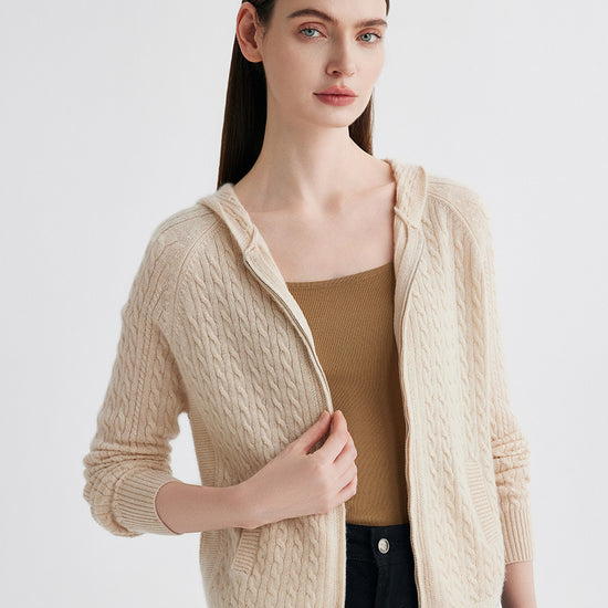 COMOBOCA Beige 100% Cashmere Women's Cable Knit Zip Up Hoodie