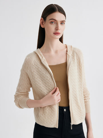 COMOBOCA Beige 100% Cashmere Women's Cable Knit Zip Up Hoodie