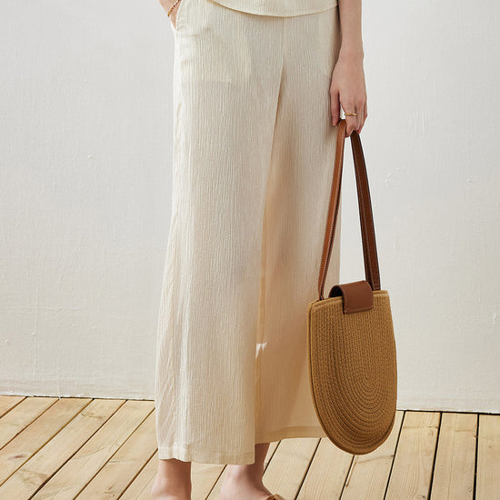 COMOBOCA Beige Women's Elastic Waistband Crinkled Wide Leg Pants