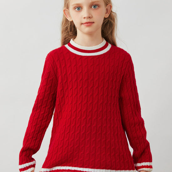 COMOBOCA 100% Wool Kids' Cable Knit Round Neck Sweater