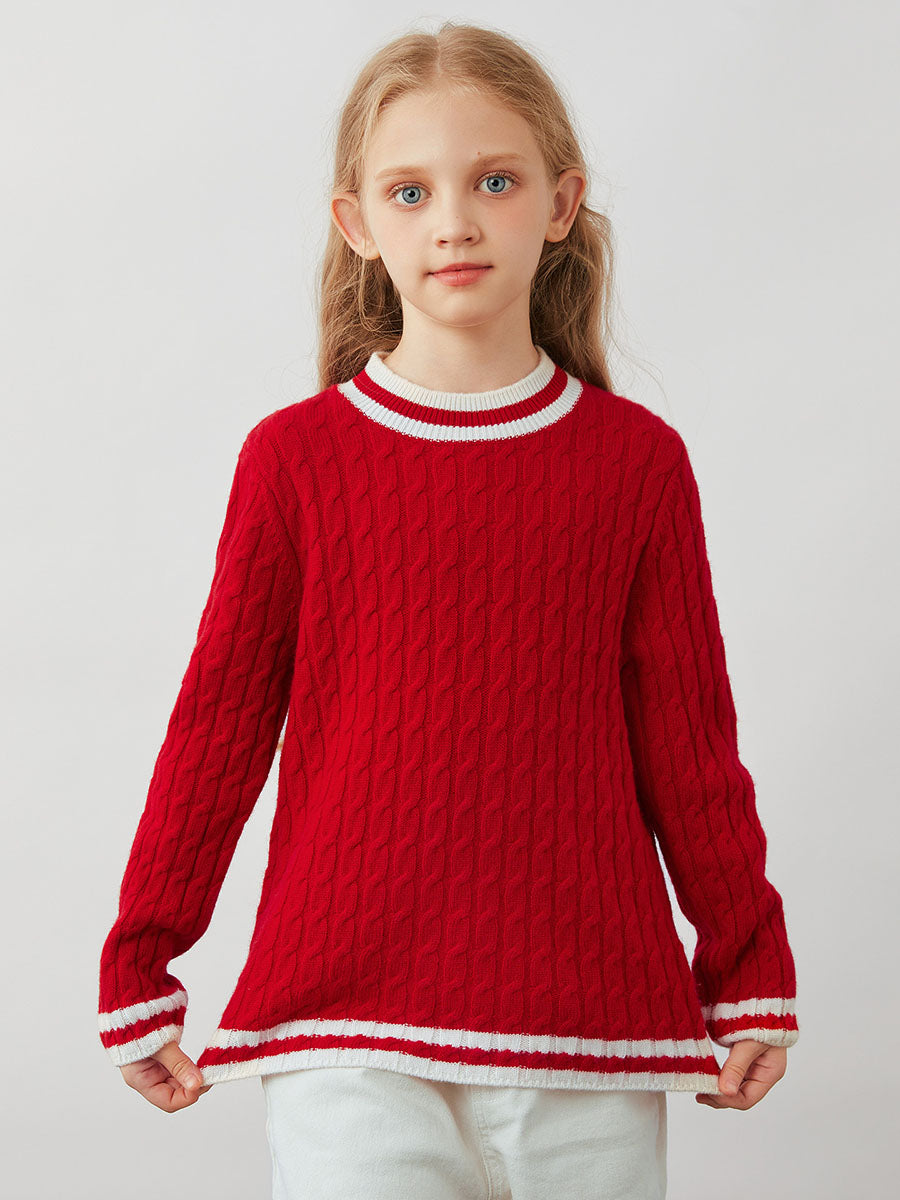 COMOBOCA 100% Wool Kids' Cable Knit Round Neck Sweater