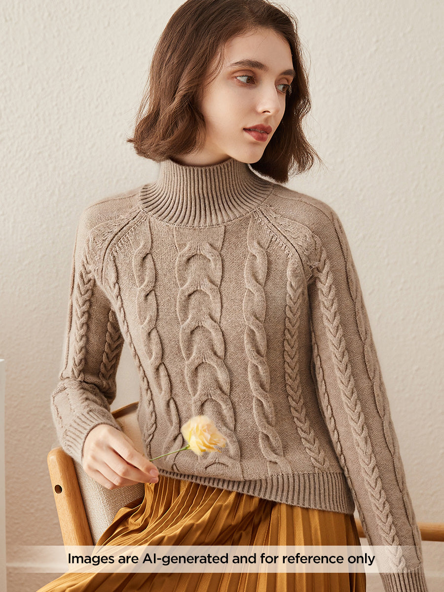 COMOBOCA 100% Cashmere Women's Turtleneck Cable Knit Sweater