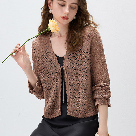 COMOBOCA Women's Linen Lace Knit Tie Front Cardigan