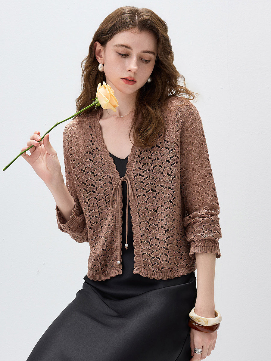 COMOBOCA Women's Linen Lace Knit Tie Front Cardigan