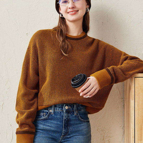 COMOBOCA Bronze 100% Wool Women's Colorblock Raglan Sleeve Sweater