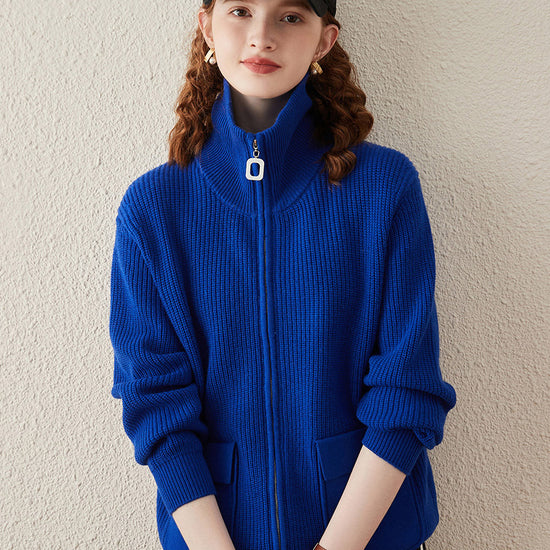 COMOBOCA Blue 100% Wool Women's Knit Zipper Cardigan with Pockets
