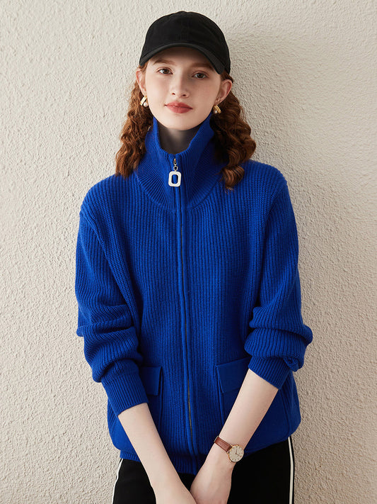 COMOBOCA Blue 100% Wool Women's Knit Zipper Cardigan with Pockets
