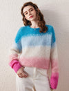 COMOBOCA Multicolor Women's Mohair Gradient Color Block Fluffy Knit Sweater