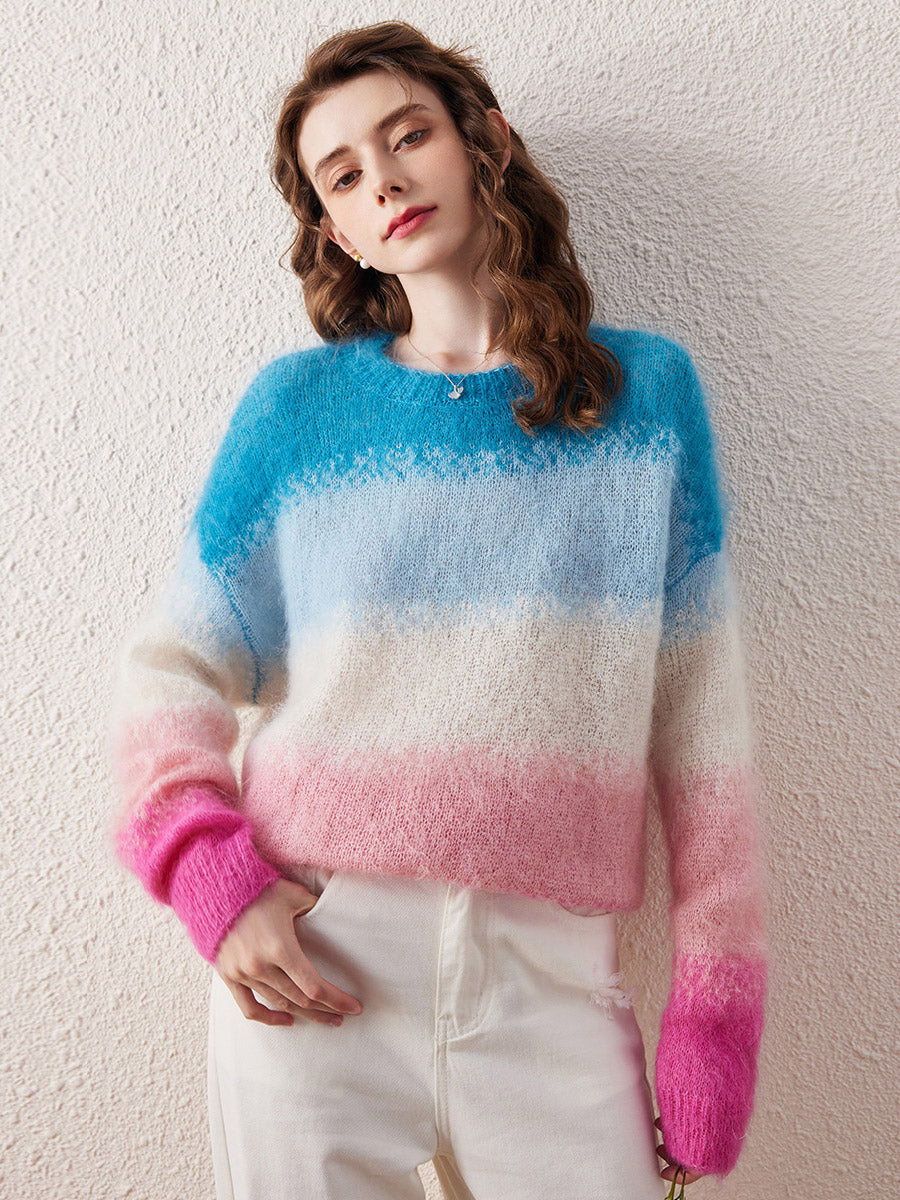COMOBOCA Multicolor Women's Mohair Gradient Color Block Fluffy Knit Sweater